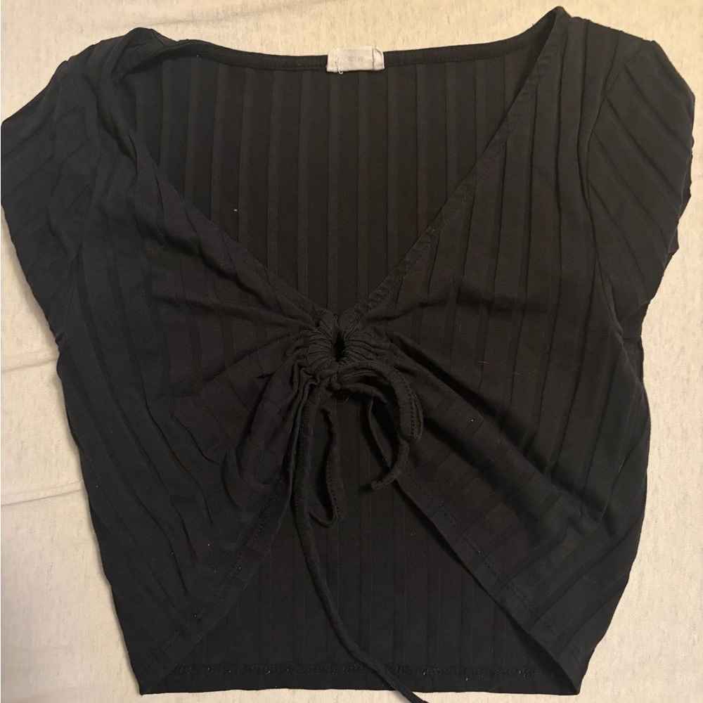 Black Ribbed Drawstring V-Neck Crop Top